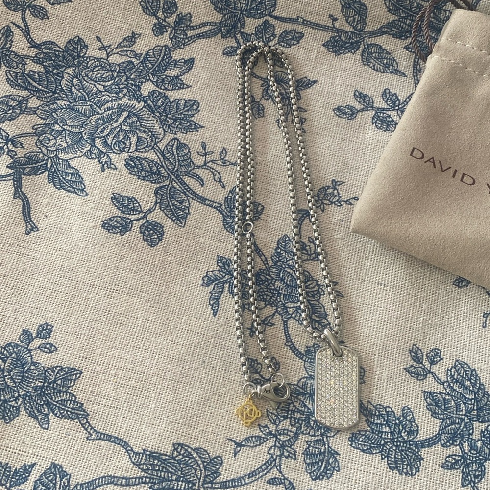 David Yurman Sterling Silver With Diamonds Dog Tag Pendant Necklace